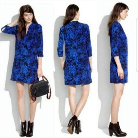 Blue and Black 100% Silk Madewell Dress, Size Large - Picture 1 of 4